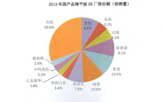 2013年国产品牌平板DR厂商份额(按销量) 2013年国产品牌平板DR厂商份额(按销量)